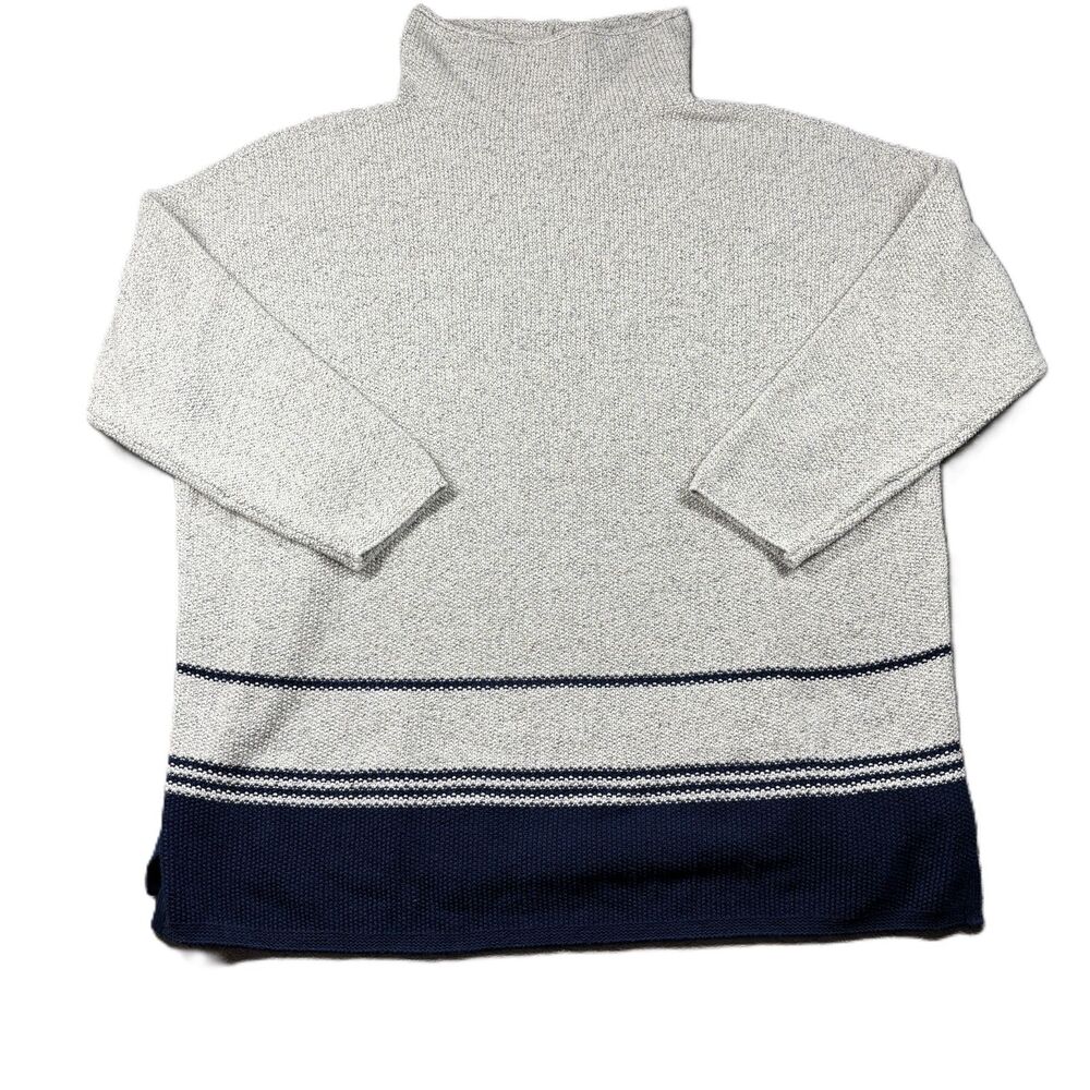 J Jill Women Sweater Turtleneck Stripe Tunic Length Navy Blue Grey XL L156